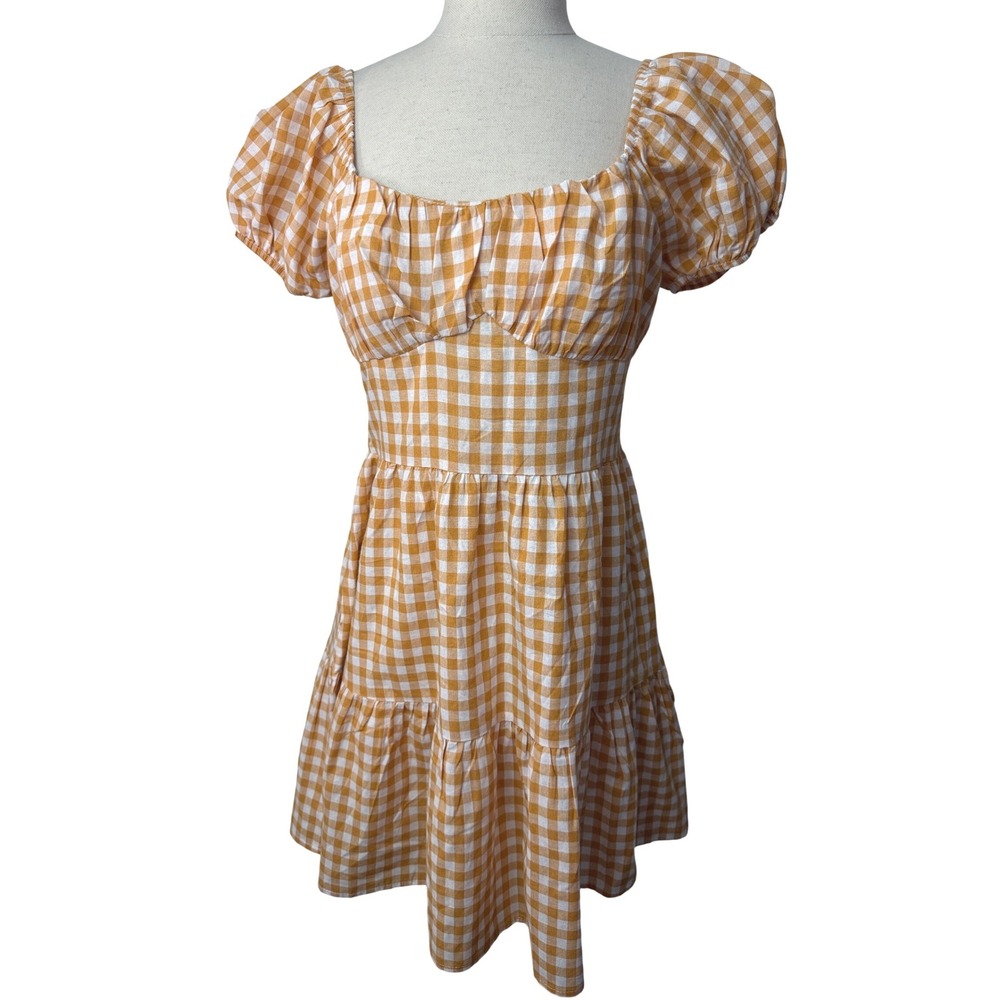 Zaful Gingham Puff Sleeve Tiered Mini Dress Size S NWT Milkmaid western Farm